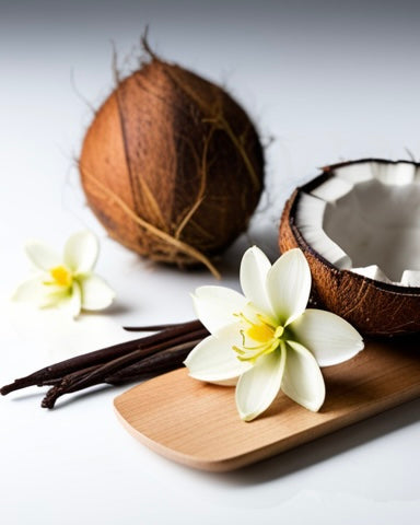 coconut and vanilla beans and flowers